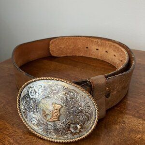 Montana SilverSmiths Cowboy/Cowgirl Initial Oval Silver Belt Buckle Leather Belt